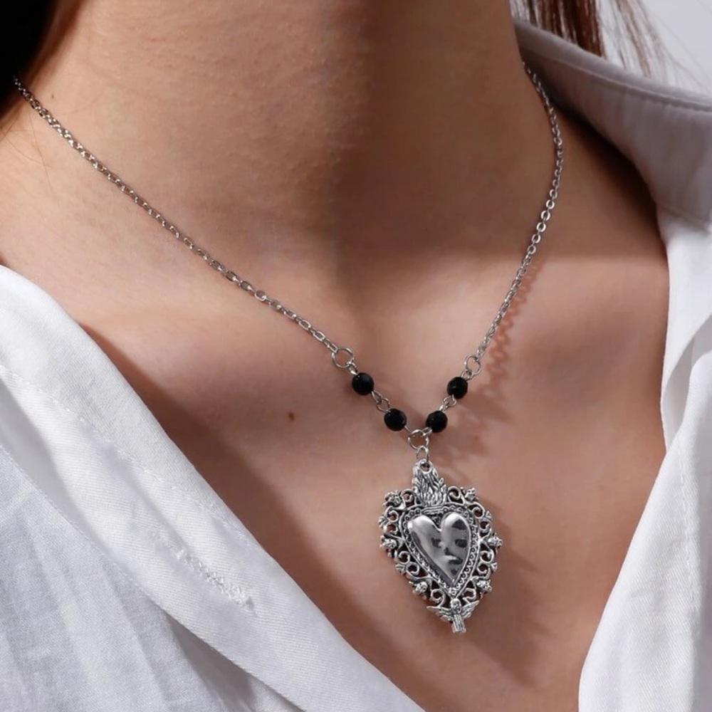🖤 Awesome Flame Heart Skeleton Skull Necklace 💀